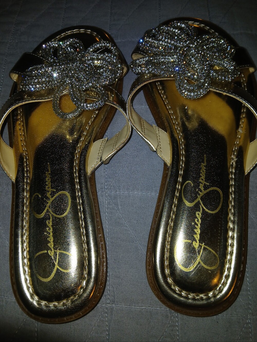 Jessica Simpson Gold and Silver Crystal Bow Slide Sandals
